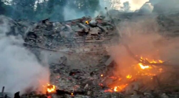 School building hit as a result of shelling, in the village of Bilohorivka